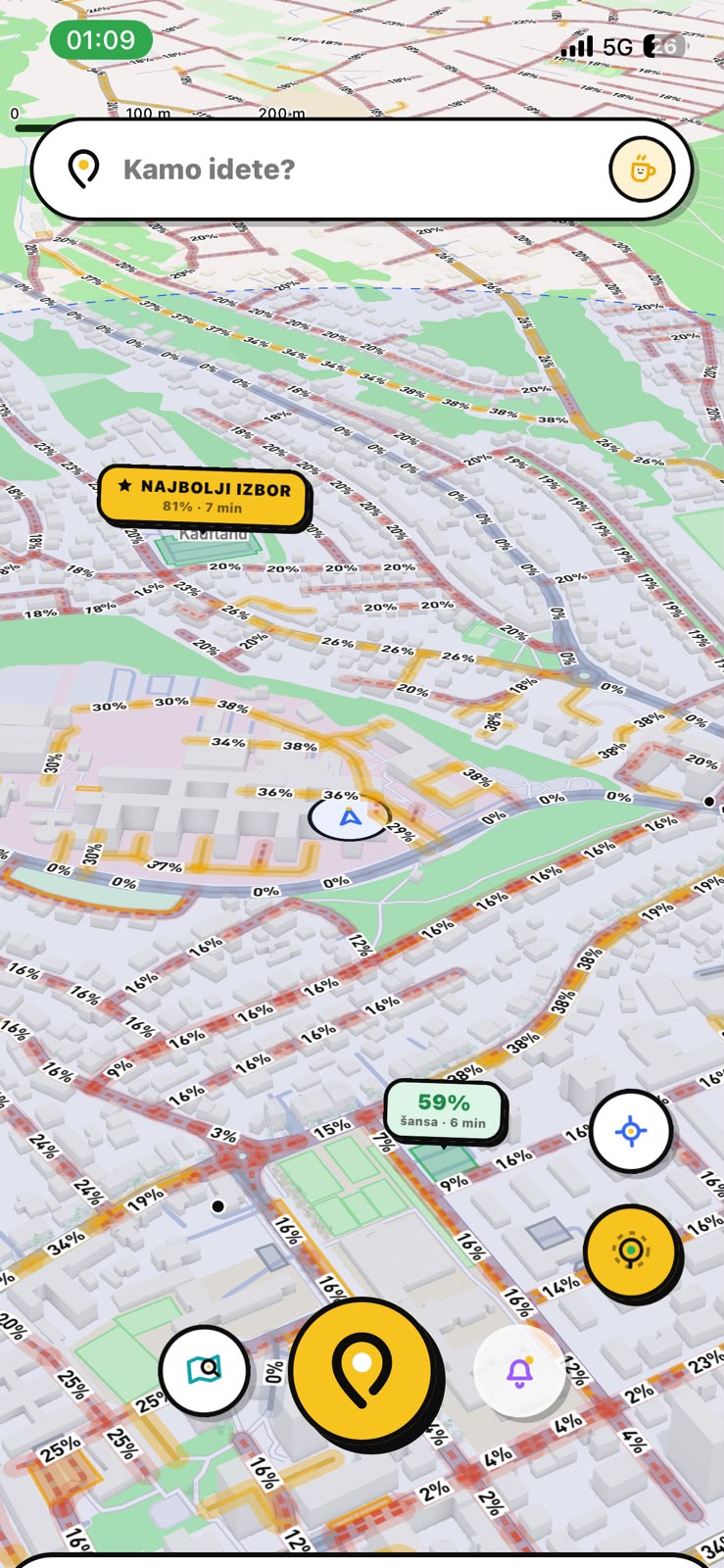 Wea live parking map with occupancy percentages and the best-choice pick